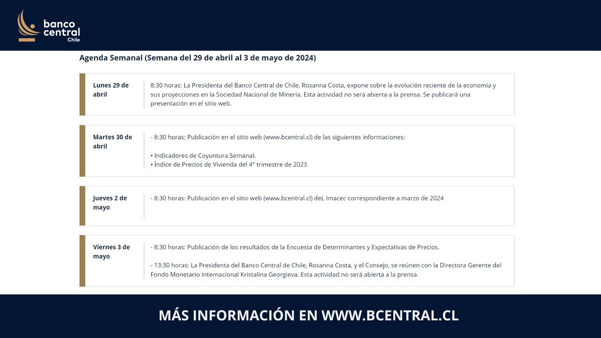 🗓️A continuación compartimos la agenda del Banco Central de Chile para la semana del 29 de abril al 03 de mayo de 2024. 💻Link a la publicación: bit.ly/44oUYDa #BancoCentral #BancoCentralDeChile
