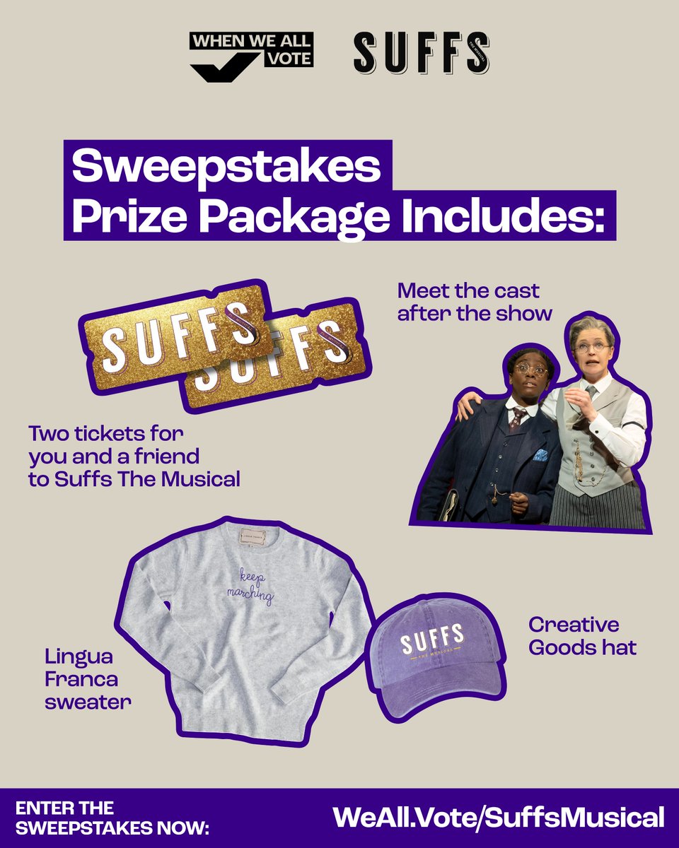 ICYMI: We’re partnering with <a href="/SuffsMusical/">Suffs</a> to give you the ultimate Broadway show experience! Get ready to vote for a chance to win BIG:

🎟️ Two tickets to see <a href="/SuffsMusical/">Suffs</a>
📸 Meet-and-greet with the cast
🛍️ Exclusive Suffs sweater and hat

Enter now at weall.vote/SuffsMusical!