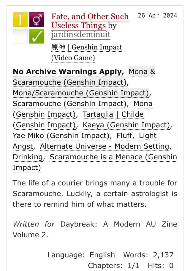 JdM | Wearing Mona's thighs like earmuffs (@abyssalwaltz) on Twitter photo ๐ Genshin Impact
๐ T (drinking)
๐ One-shot | 2.1k words
๐ Scaramouche & Mona | Scaramona
The fic I had a lot of fun writing for <a href="/GenshinFanzine/">Daybreak Zine Vol 2 @ Leftovers Period!</a>!! Thank you so much for having me <3
Link below ๐ ๐ Genshin Impact
๐ T (drinking)
๐ One-shot | 2.1k words
๐ Scaramouche & Mona | Scaramona
The fic I had a lot of fun writing for <a href="/GenshinFanzine/">Daybreak Zine Vol 2 @ Leftovers Period!</a>!! Thank you so much for having me <3
Link below ๐