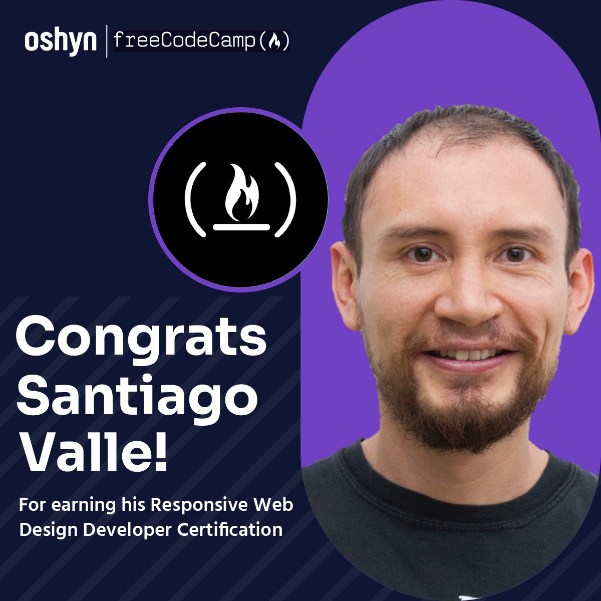 Shout out to Santiago Valle for earning his Responsive Web Design Developer Certification from #freeCodeCamp!

#oshynlife #certification