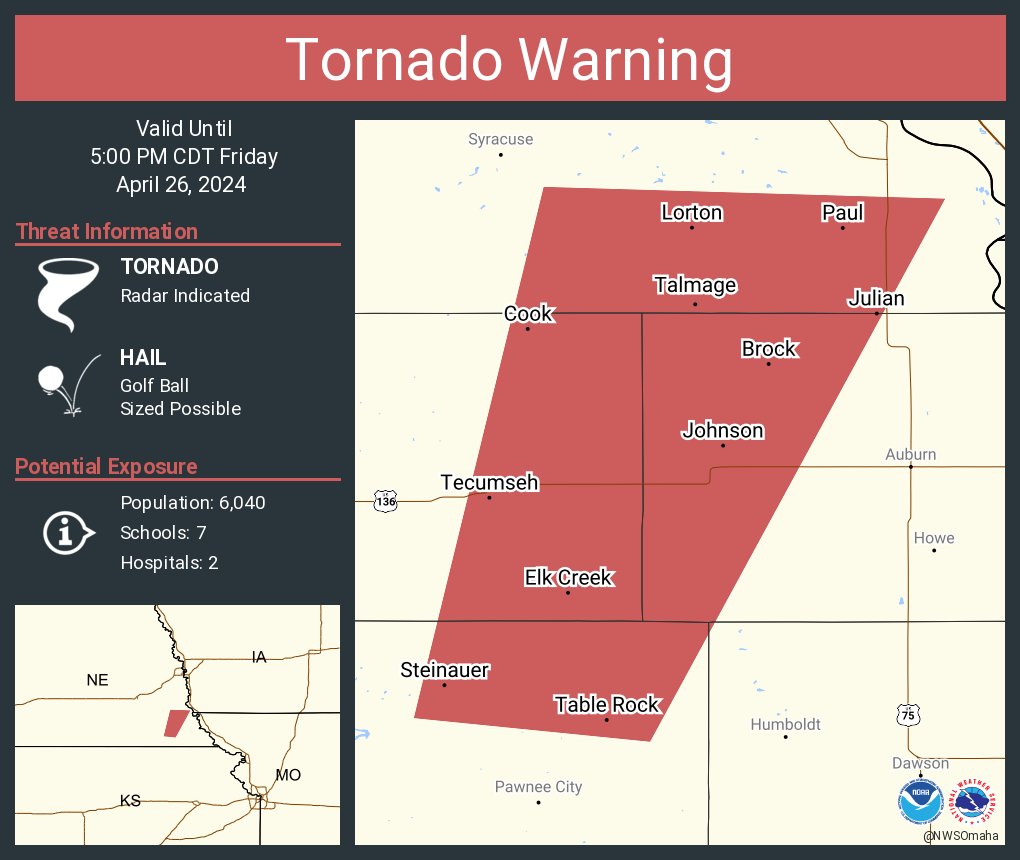 Tornado Warning including Tecumseh NE, Johnson NE and Cook NE until 5:00 PM CDT