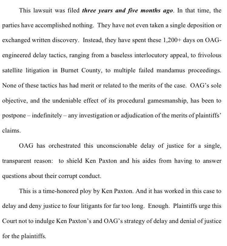 Update on whistleblower case: AG Paxton has asked for an extension. Whistleblowers oppose. “OAG’s sole objective, and the undeniable effect of its procedural gamesmanship, has been to postpone – indefinitely – any investigation or adjudication,” their lawyers wrote in response.