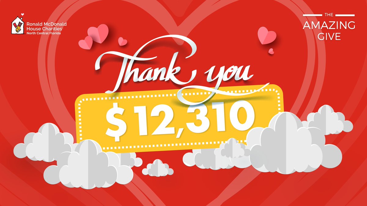 Yesterday, we were overwhelmed during #TheAmazingGive, raising $12,310 & surpassing our goal! 🎉 Thanks to everyone who is helping families stay close to their ill children at no cost. We're grateful to be part of such a caring community! ❤️ #KeepingFamiliesClose #forRMHC