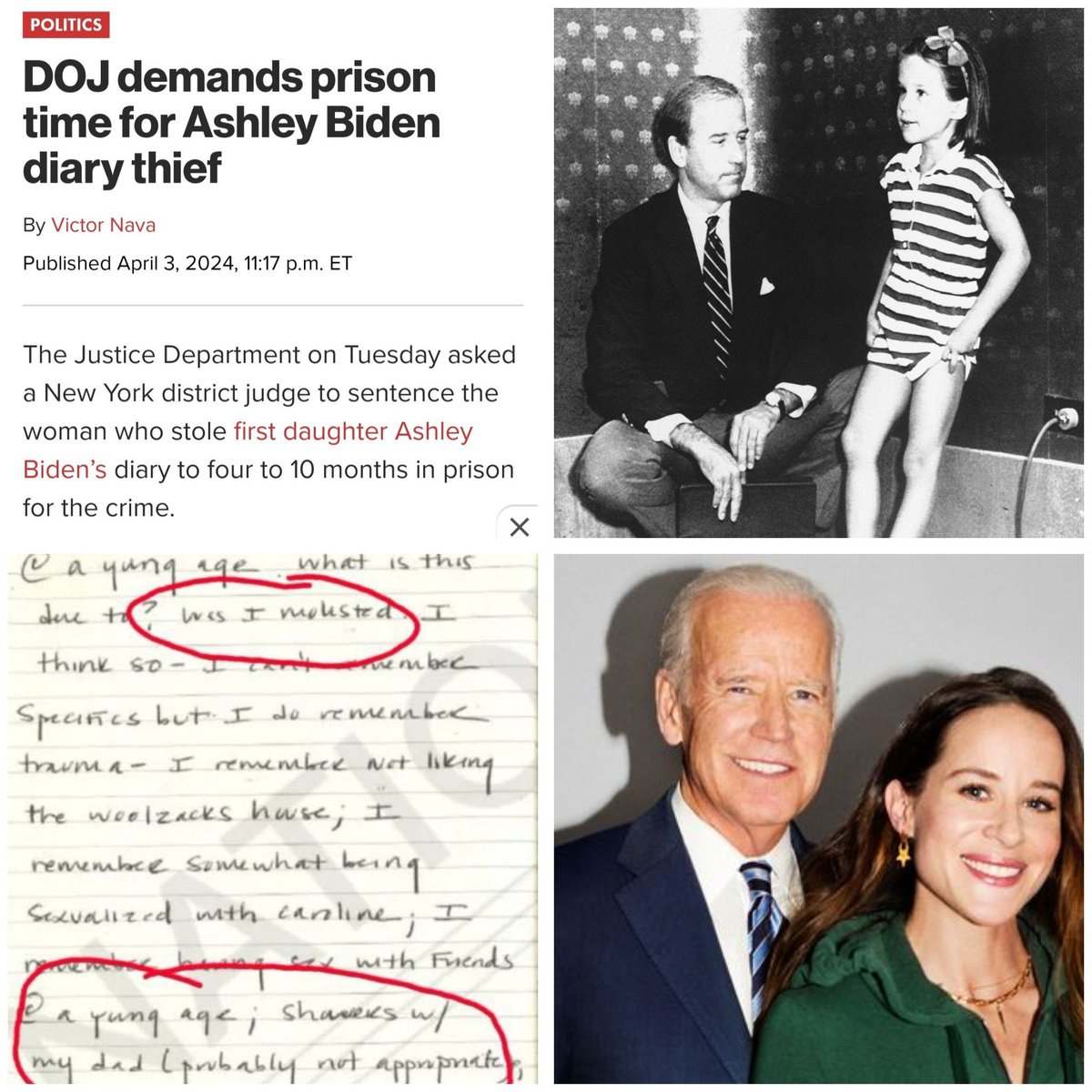 WinnieSchola's tweet image. Remember the DOJ taking the wrong side again

Instead of prosecuting Joe Biden for molesting his own daughter, the DOJ is prosecuting the person who found the diary in which Ashley Biden herself, documented the sexual abuse by her own father! "Nothing To See Here"