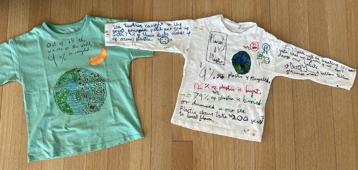 Proud of the kids for their #EarthWeek2024 messages on their old t-shirts!

High risk I become that boring dad reminding them of these messages when they’re tempted by the plenitude of single-use plastic that surrounds us