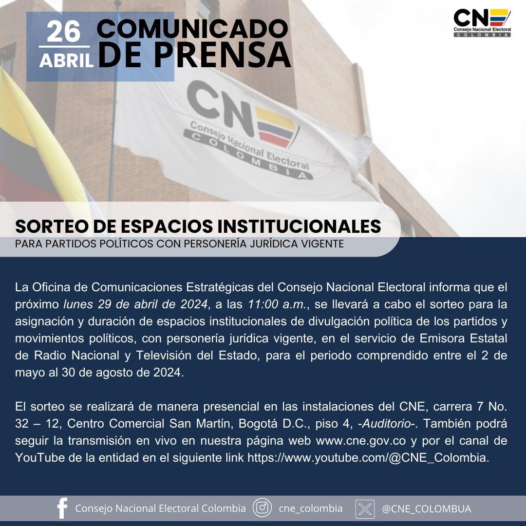 Sorteo y distribución de espacios institucionales para partidos políticos con personería jurídica vigente. Lunes 29 de abril.