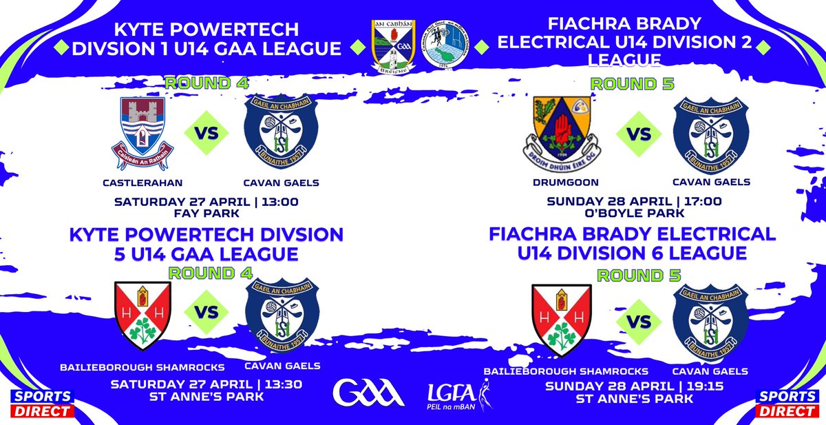 U14 Fixtures this weekend! 📆🔵⚪️
Very busy weekend ahead, with all four teams taking the field, please support! 🏐
Full details on the Cavan Gaels App! 🌟📱 
#gaeilanchabháin #gaelsabú #oneclub #borntoplay