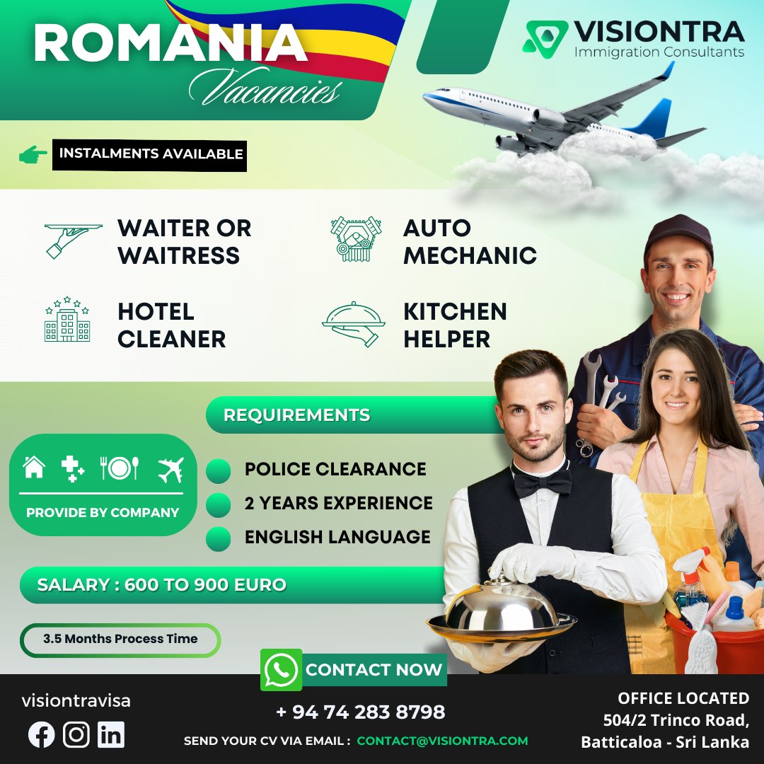 Romania 🇷🇴 Jobs Available 

#VisiontraImmigration #GlobalOpportunities #VisaMagic #europejobs #europejobsinsrilanka #Srilankavisaagency #Visaagencyinsrilanka #Visiontra #bestvisaagencyinsrilanka #bestrecruitmentagency #bestrecruitmentagencyinsrilanka
 #romaniaJobs #WorkAbroad