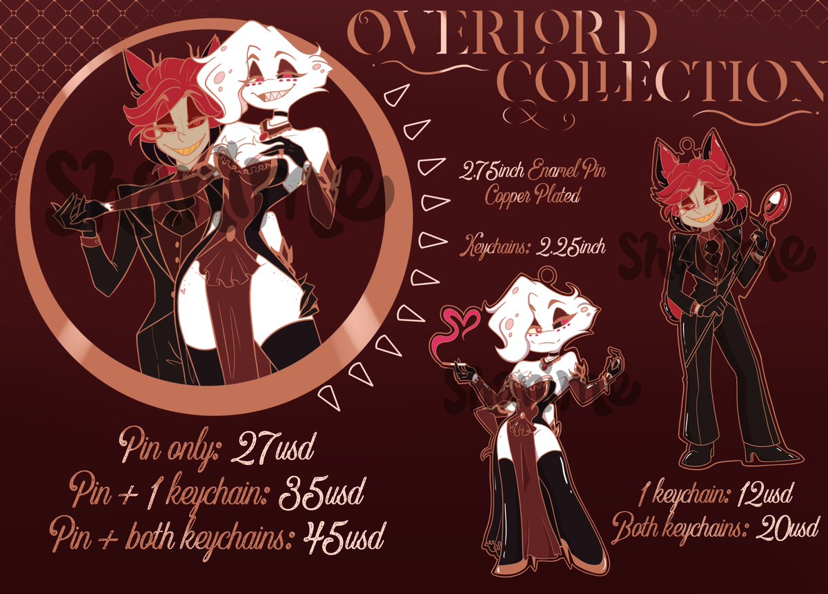 Overlord Collection! Preorders will open 6pm CST on 3rd May! Lock in those dates♥️ Overlord AU designed by the wonderful @/Minidust_093 #hazbinhotel #hazbibhotelfanart #hazbinhotelmerch #hazbinhotelangeldust #hazbinhotelalastor