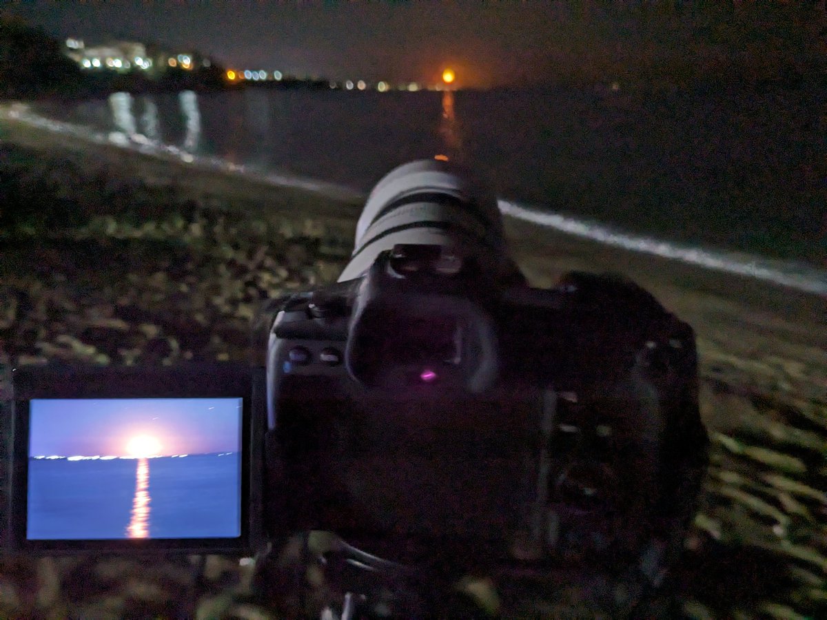 What a stunning moonrise in #halkidiki #greece tonight. Back of screen shot. Need a #neewer 68 carbon tripod to leave here for future use. 
Cam: #Canon EOS-R5
Lens: Canon RF100-500 f7.1 at 200mm.
@CanonGreece @neewerofficial #liveforthestory #shotoncanon  #eosmag #stormhour