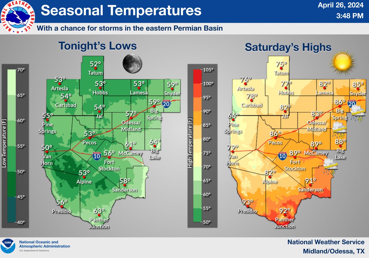 Dry air in place tonight and Saturday will bring a seasonably cool morning along with pleasant highs reaching up into the 80s. Storms are possible in the eastern Permian Basin in the PM, stay alert! #txwx #nmwx