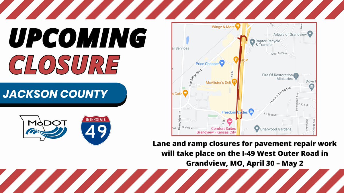 JACKSON COUNTY – Crews will perform the following evening and overnight pavement repair work on and near the West Outer Road in Grandview, MO. For more info, visit modot.org/node/46032. #kctraffic @CityofGrandview @gmochamber