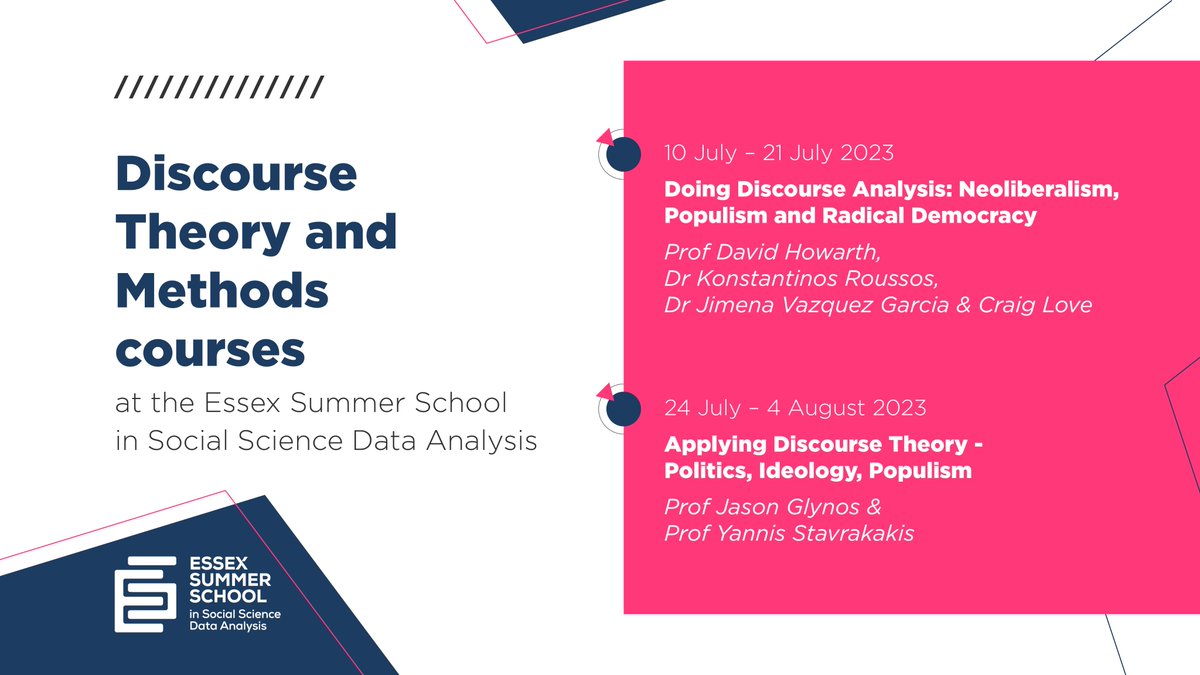 Our 🔥🔥courses running at @EssexSumSchool again this summer Doing Discourse Analysis (online only): w/ @cjimenavg @kostisroussos_ & David Howarth Applying Discourse Theory (f2f only): w/ @JasonGlynos & Yannis Stavrakakis links below👇🏼