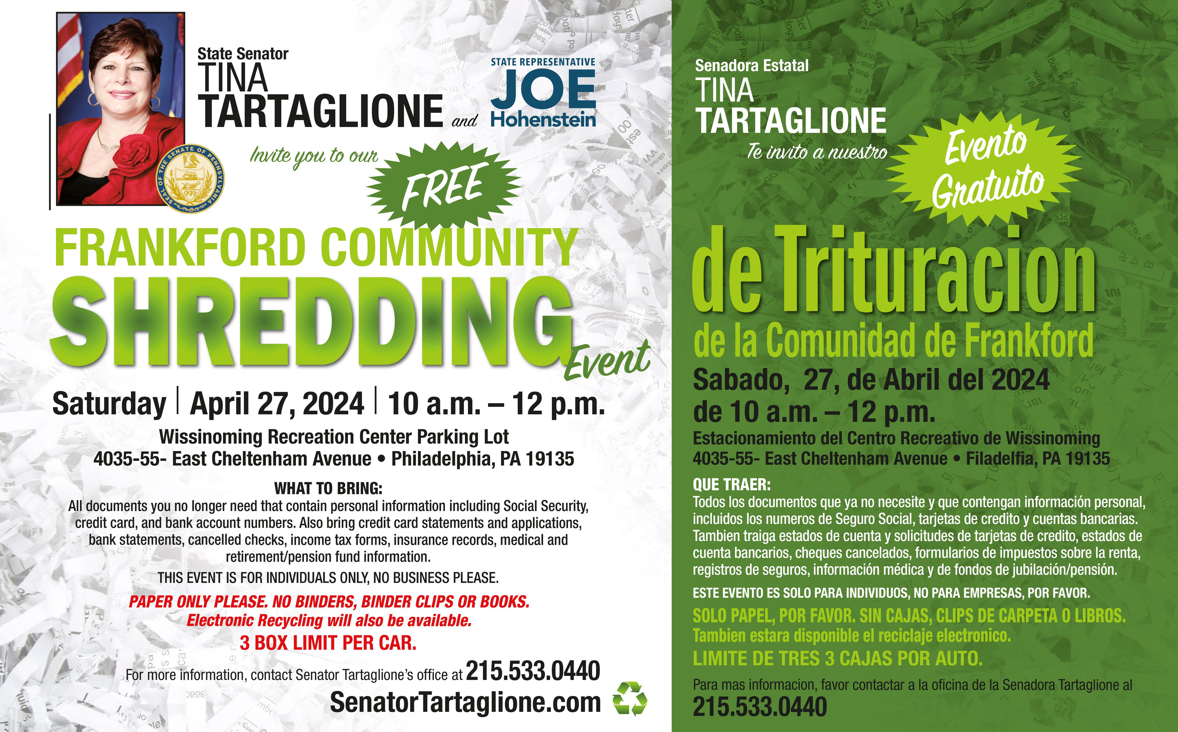 Senator Tartaglione on X: &ldquo;TOMORROW: I will be hosting a shredding 