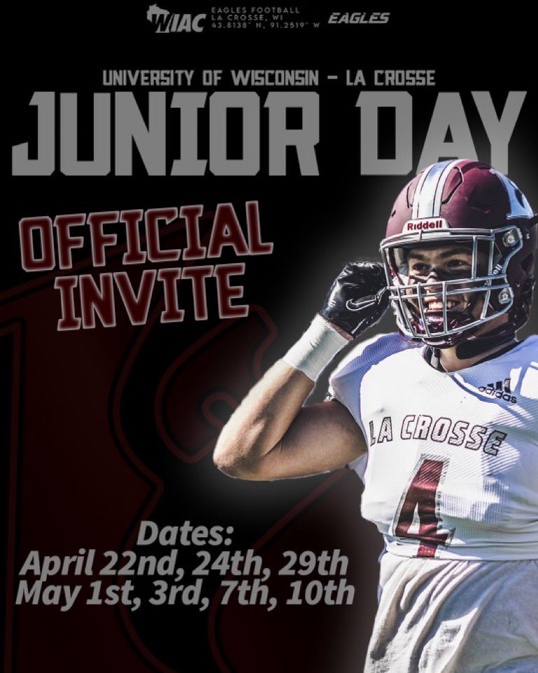 Thank you @CoachKCline for the junior day invite out to La Crosse. Can’t wait to come check it out.