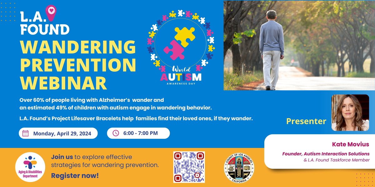 🌟Join @lacountyAD #LAFOUND Wandering Prevention Webinar!🌟#LACountyAD's webinar, tailored for families in #LACounty, will explore strategies for wandering prevention. Register now: ow.ly/p6KP50R8y7M 🧩💙Add to calendar: addevent.com/event/ZM205879… #Alzheimers #Safety #Webinar
