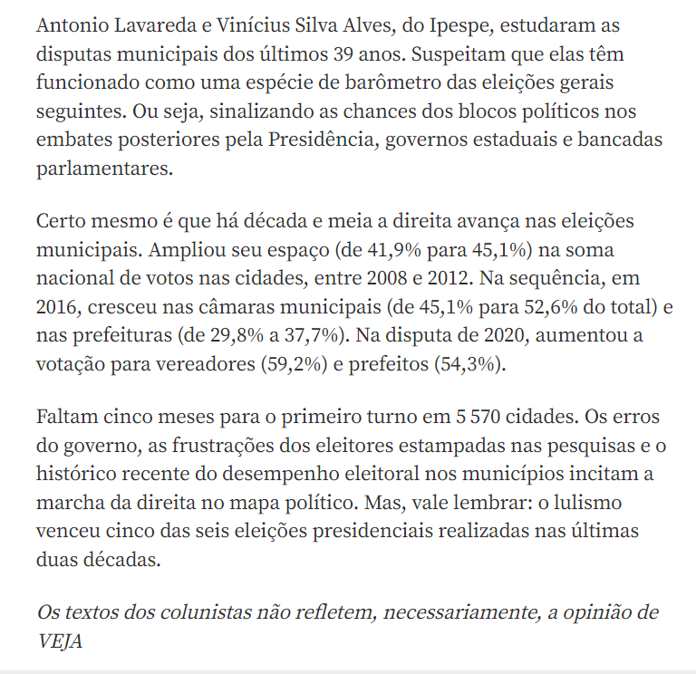 🔴Ipec constata que quase metade (47%) do eleitorado procura candidatos a prefeito e vereador sem vínculos com Lula e Bolso. Essa busca sugere 2 coisas: uma é a vontade de renovação, outra é a expectativa de novo modelo de liderança política. Esperança! Ler o artigo da Veja! ⤵️