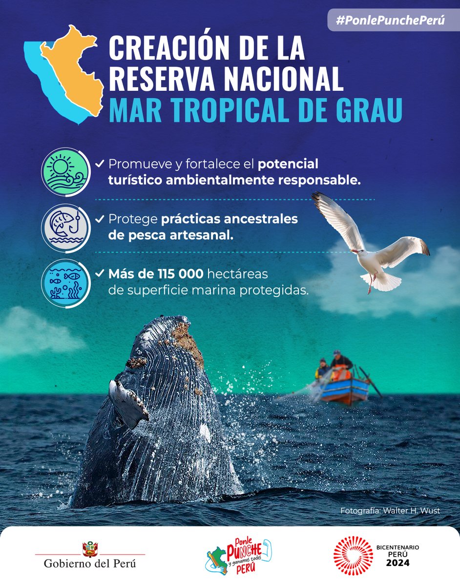 📢 ¡🙌 Nuevo potencial turístico para el Perú 🇵🇪! Con la creación de la 🌊 Reserva Nacional Mar Tropical de Grau protegeremos las prácticas ancestrales de pesca, potenciaremos el turismo y más. ¡Comparte la buena noticia 🔁! #PonlePunchePerú