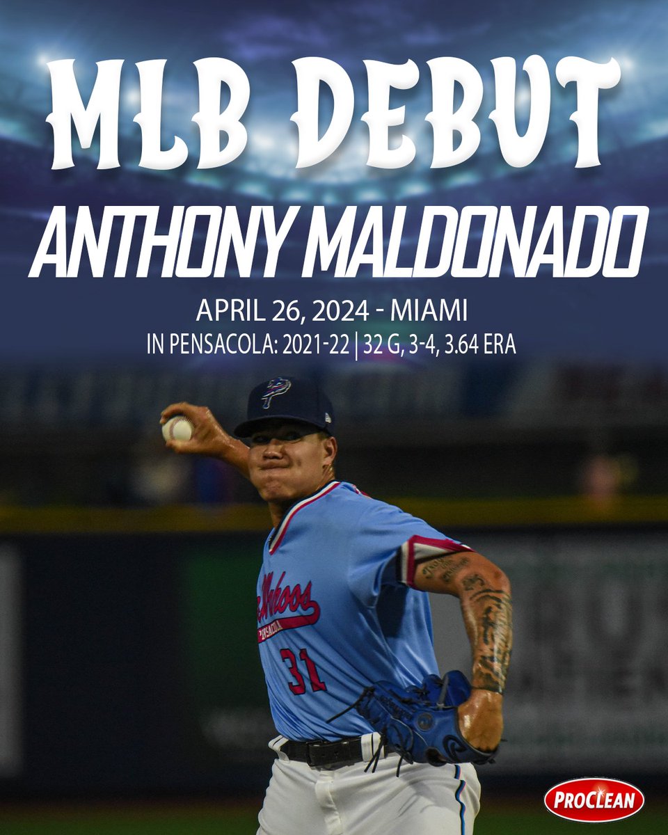 Congratulations to Anthony Maldonado, who pitched for the Blue Wahoos in 2021-22 and makes his @ProCleanPcola MLB debut tonight for the Marlins! He's the 133rd former Blue Wahoo to make their MLB debut, and the third this season.