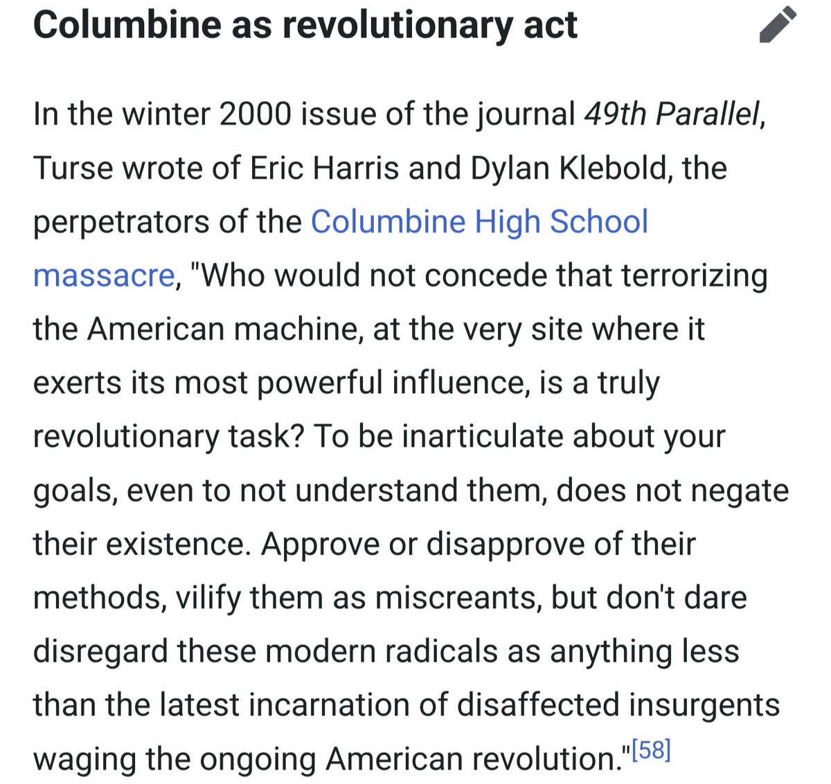 God it fucking rules so hard that the left was so into pure, unrepentant, psychopathic sadism by the late Clinton era that one of their champions was trying to claim the neo-Nazi Columbine shooters as /their guys/