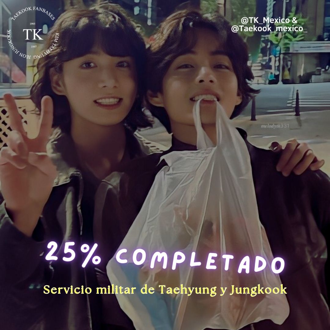 ✨INFO| Taehyung y Jungkook han completado el 25% de su servicio militar. Significa que lograron un cuarto del total que les falta 👏🏼 Esperamos que ambos se sigan manteniendo a salvo y con buena salud, apoyemos a nuestros chicos siempre y demostremos el amor que les tenemos💚💜