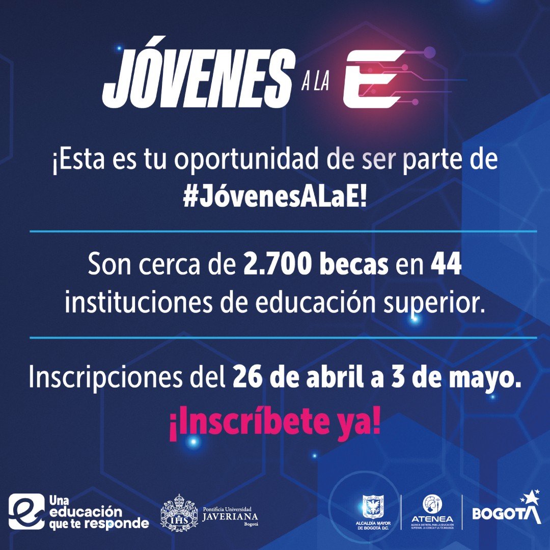 Ya están abiertas las inscripciones para la primera convocatoria de #JóvenesALaE, de @Bogota, con cerca de 2.700 becas para formación técnica profesional, tecnológica y universitaria. 👩‍🎓🧑‍🎓Conoce los programas de la Javeriana a los que puedes aplicar: ⤵️ javeriana.edu.co/hoy-en-la-jave…