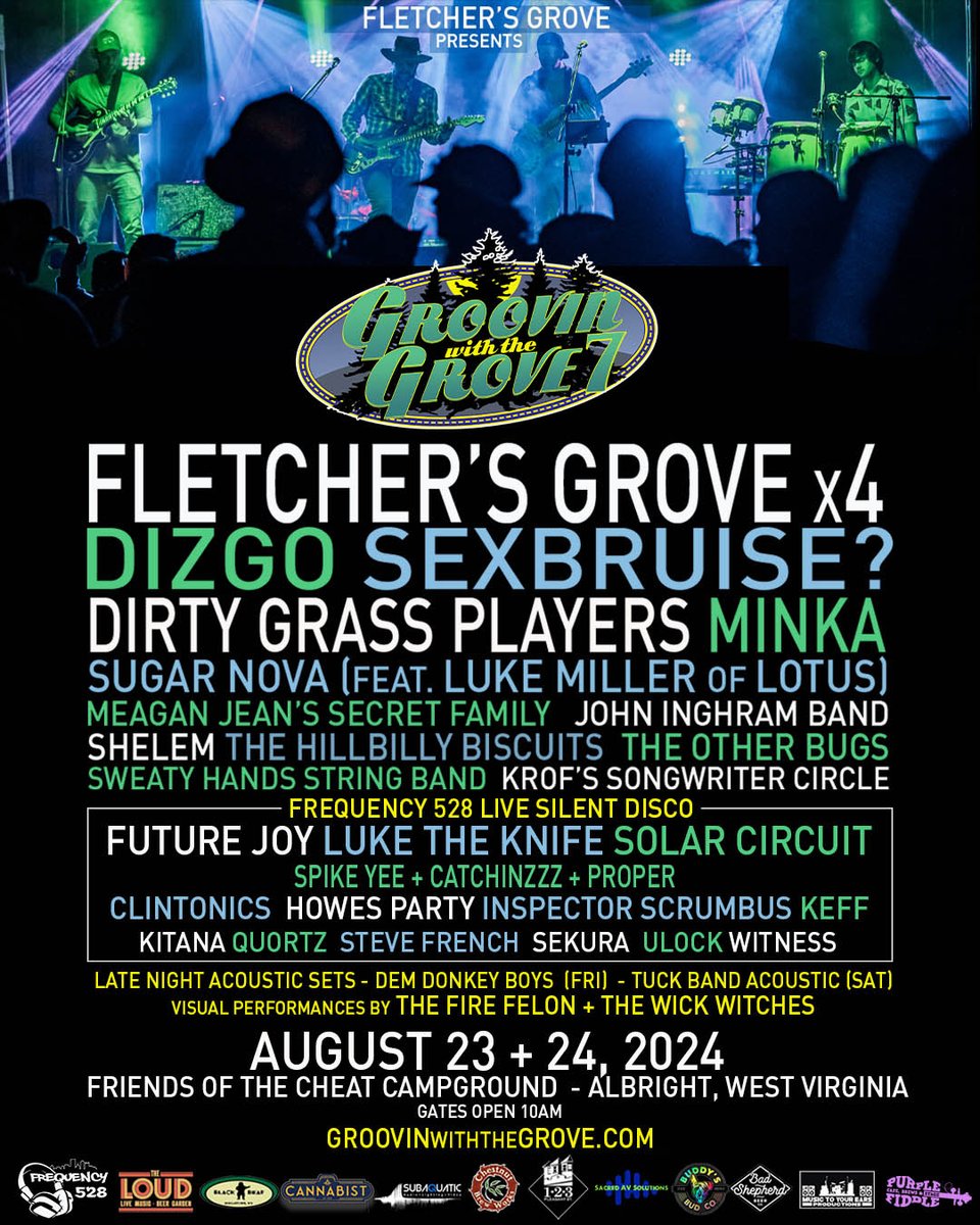 GroovinWV's tweet image. Who's Groovin??
Announcing Groovin' with the Grove 7 hosted by @fletchersgrove Aug 23 + 24 in Albright, WV!! Groove with @DizgoBand @sexbruisemusic @SugarNovaMusic @weareminka @futurejoymusic @JohnInghram @SolarCircuit @DommyGills @spikeyeezy @Clintonics @djkitana @Quortz