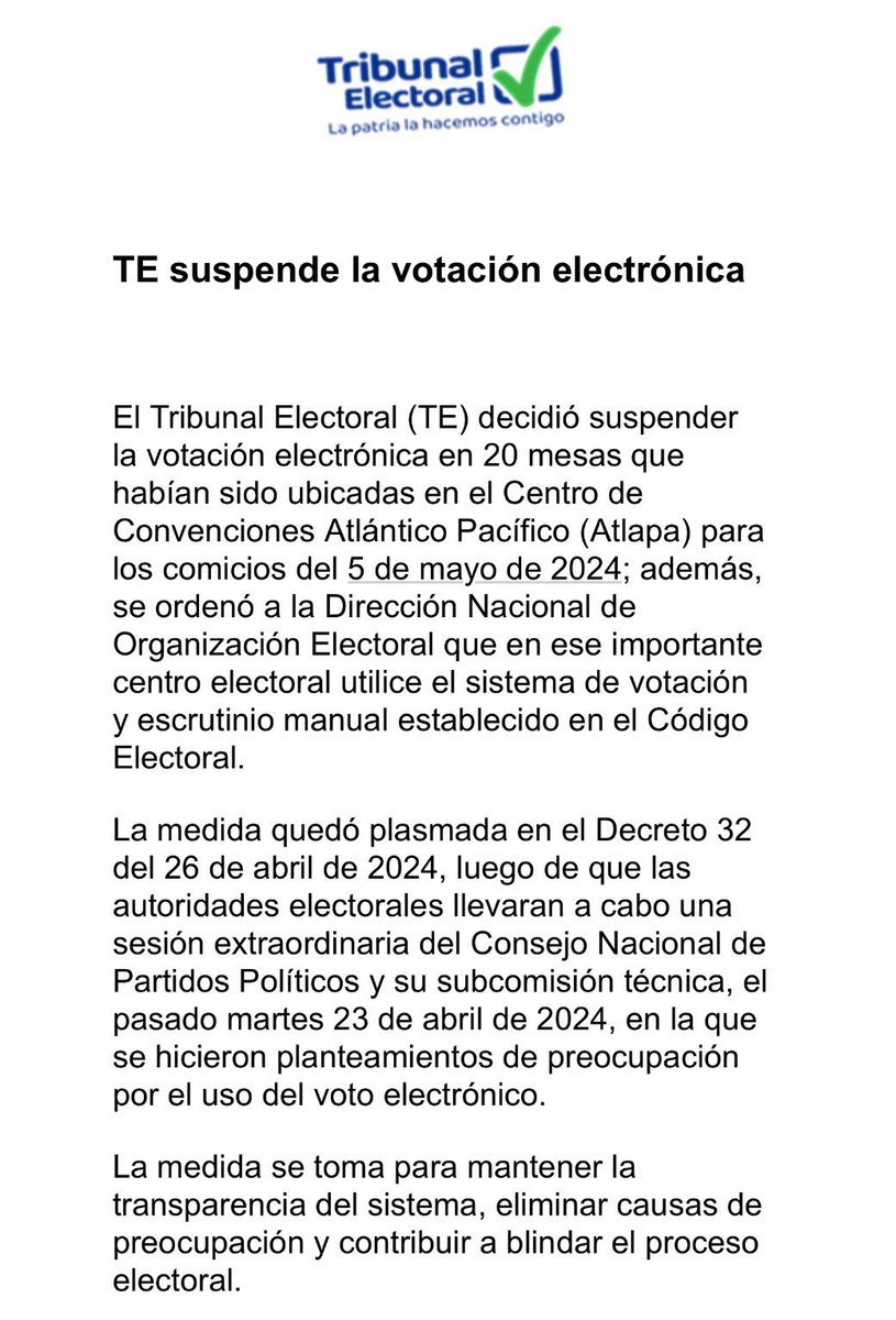 El @tepanama suspendió el uso de voto electrónico en las 20 mesas que serían habilitadas para este fin en el Centro de Convenciones Atlapa para los comicios del 5 de mayo de 2024.

#RPCRadio