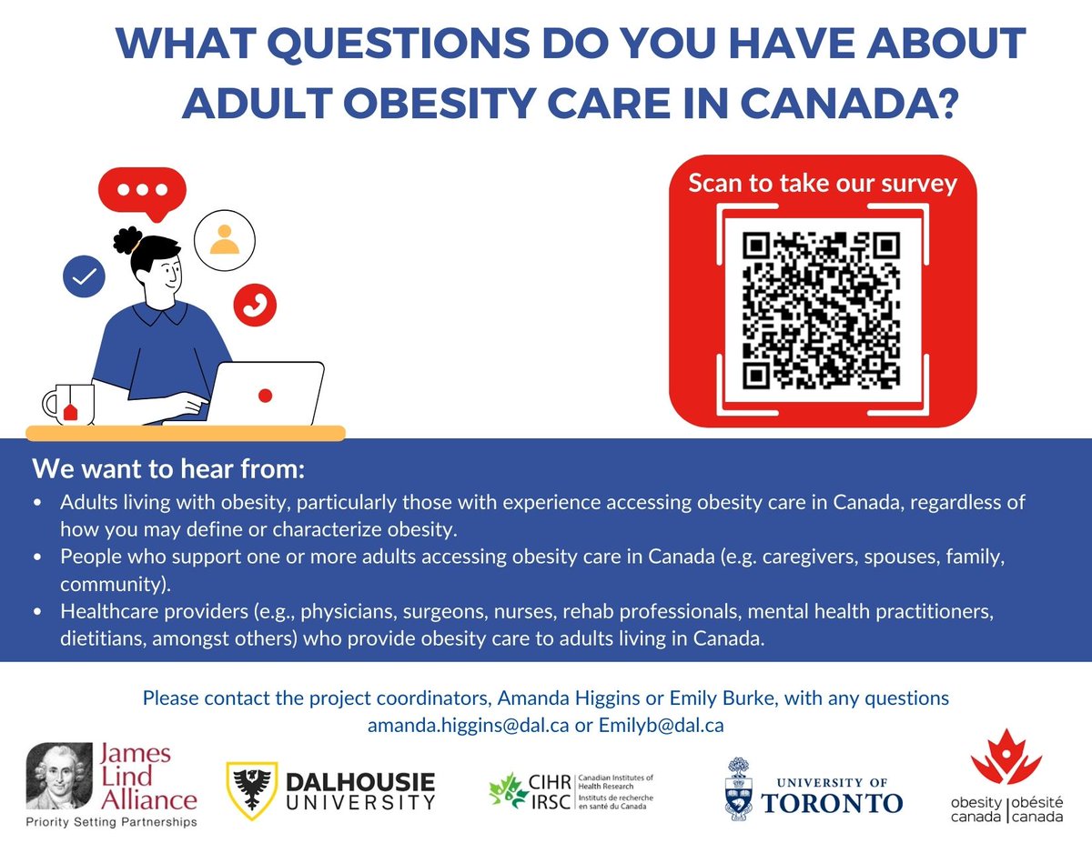 We need your insights! Take part in our survey to help us understand questions you have about obesity care in Canada. Your input is crucial in guiding future adult obesity care research. Click the link below to get started!
redcap.its.dal.ca/surveys/?s=FXE…