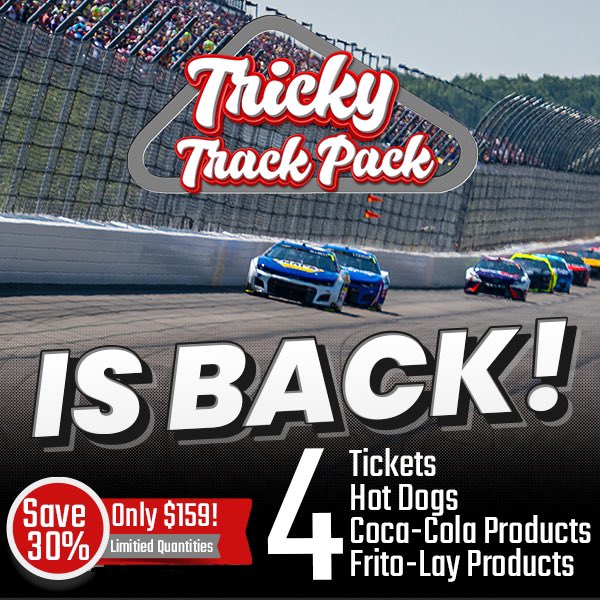 Our Tricky Track Pack deal is back! This is one of our most popular #NASCAR ticket packages. 4⃣ 100 Level Sunday Tickets 4⃣ Hot Dogs 4⃣ Coca-Cola Products 4️⃣ Frito-Lay Products Only $159 - A 30% Savings Buy Now: bit.ly/TrickyTrackPack