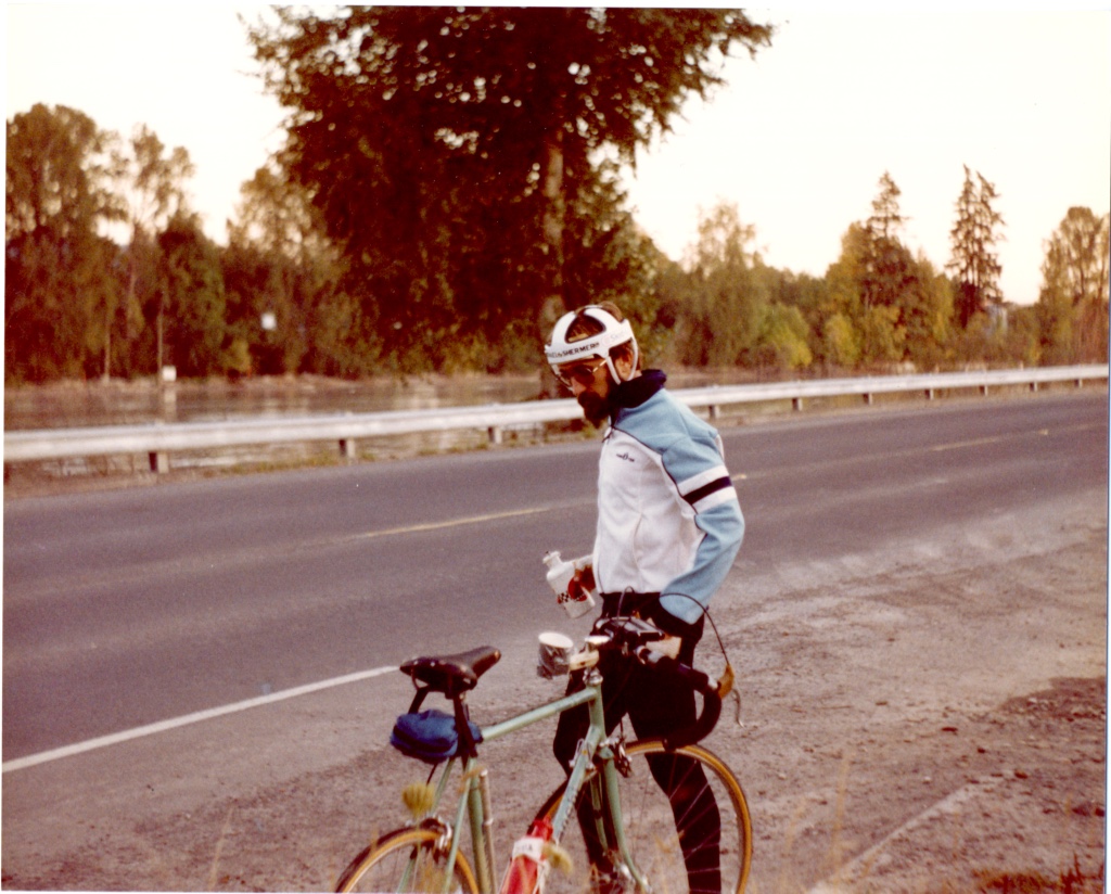 BTW, I helped design that V1-Pro Bell Helmet. They were my sponsor for RAAM. No serious cyclist would wear their geeky looking white helmet so I gave them my old leather hairnet & told them to make it look like that. In between: the Skid-Lid (me 1979, Seattle to San Diego)