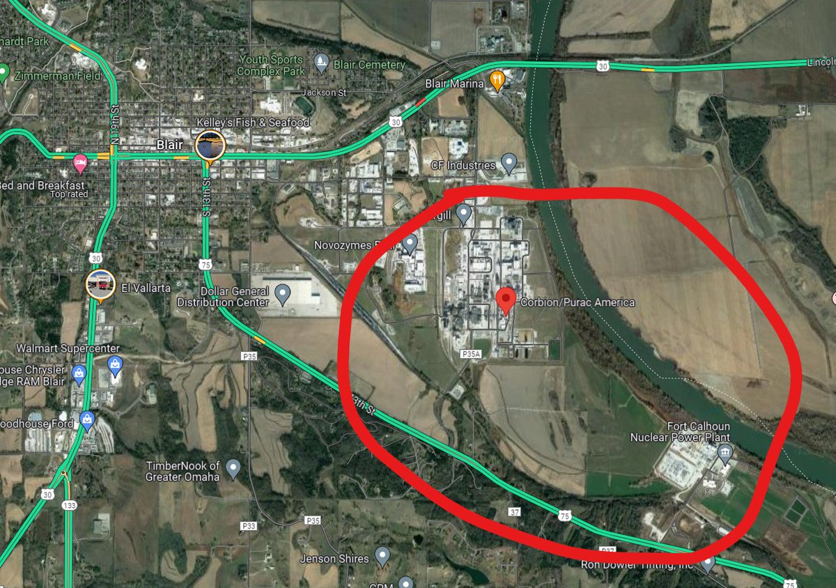 @lookner looks like the tornado struck near a large food processing facility and a Nuclear Power Plant outside Blair