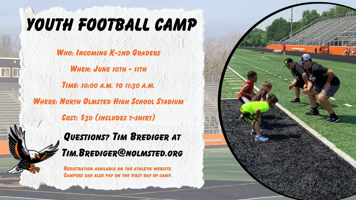 Registration for Youth Football Camp is open! This is for students who will be in kindergarten-second grade next year. All experience levels are welcome! Sign up here: register.ryzer.com/camp.cfm?sport…