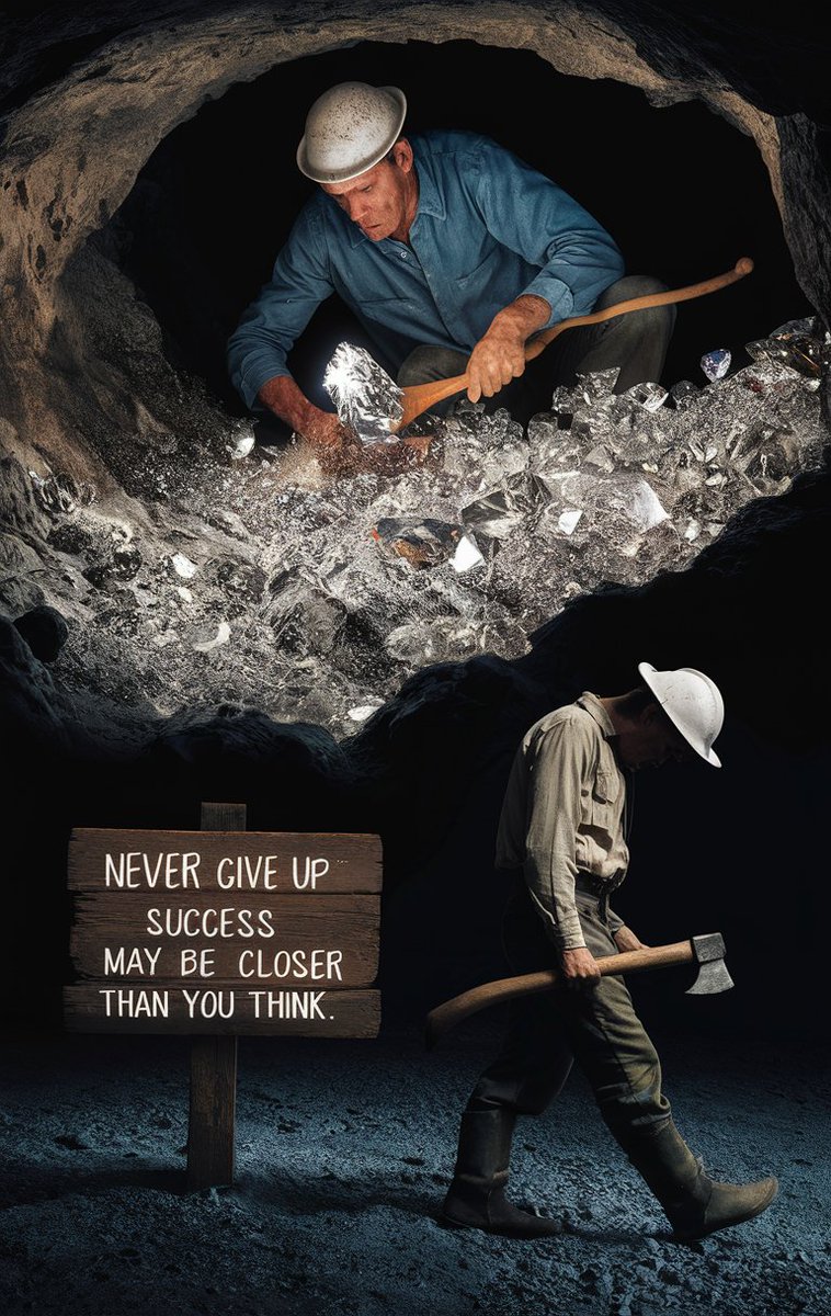 Never Give Up. Success may be closer than you think! Prompt: A powerful and symbolic photograph of two miners in a dimly lit cave, embodying the struggle between determination and despair. The miner above is concentrated on uncovering a treasure trove of dazzling diamonds, his…