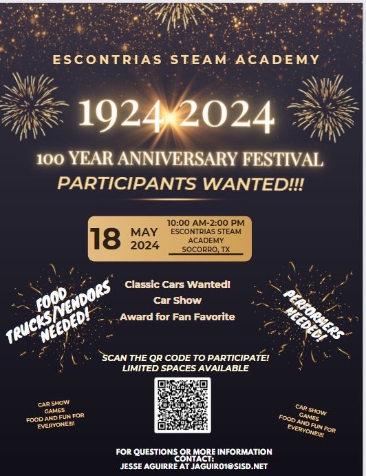 Congratulations to Escontrias STEAM Academy as they mark a century of dedication to educating generations in the #Socorro community! Join them on May 18th, 10AM to 2PM, as they celebrate this milestone with a party! They are currently accepting vendors, performers, and classic…