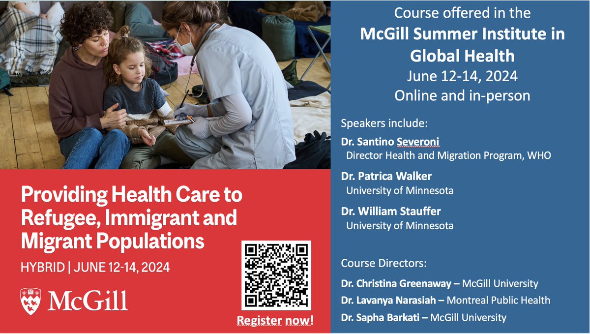 Join us in beautiful #Montreal for an accredited @mcgillu #GlobalHealth course Speakers are amazing. I'm going w many great colleagues and #refugee & #migration health experts from across #Canada. Early bird deadline May 3rd mcgill.ca/summerinstitut… #RefugeesWelcome