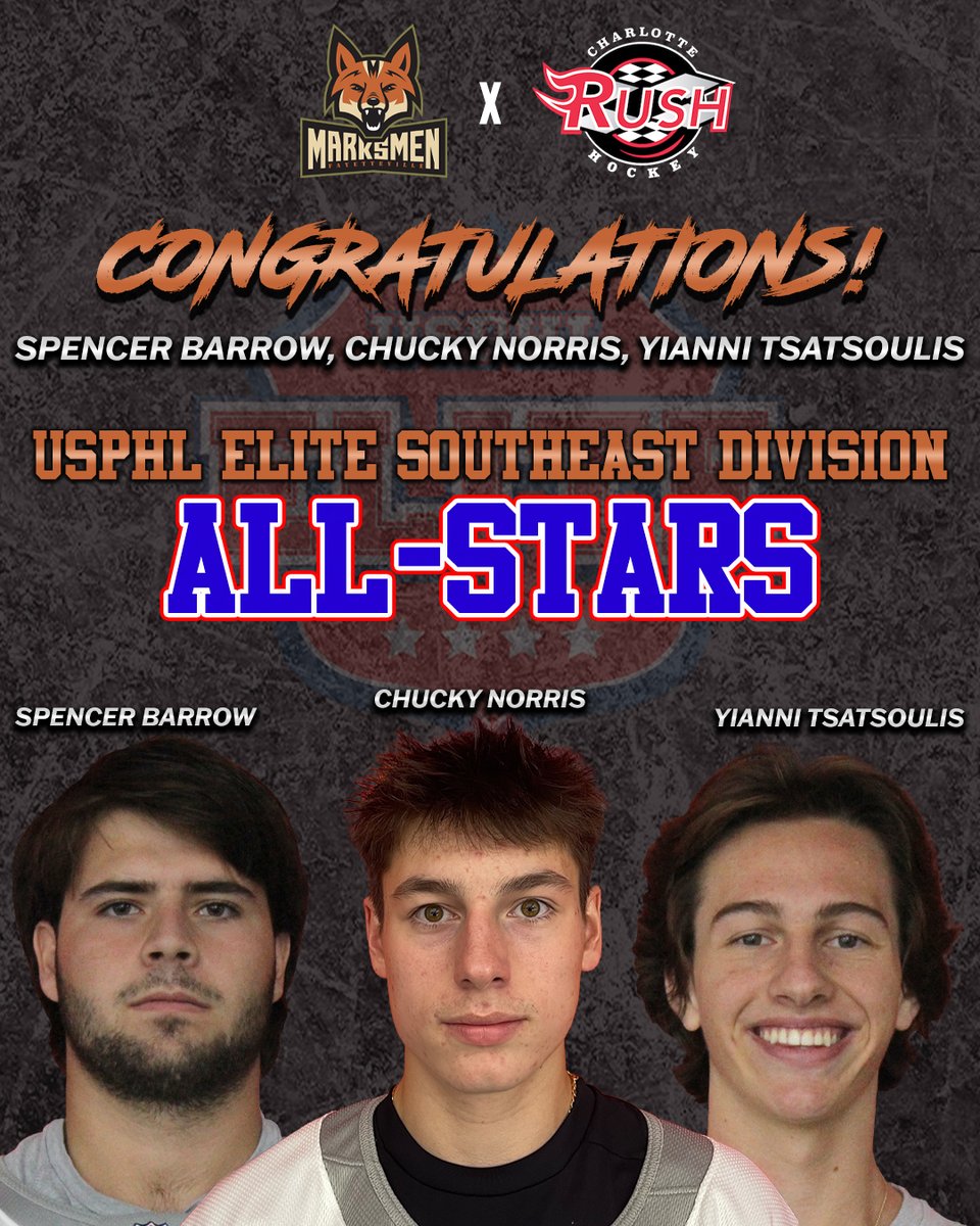 A big congratulations to our @RushHockeyClub players earning @USPHL All-Star status!!! Give it up for @ChuckyNorris19 @spencerbarrow13 and Yianni Tsatsoulis! #FearTheFox🦊