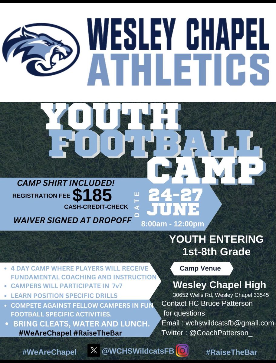 🚨Gear up for Summer! The window is open to reserve your tickets now for the ultimate sports camp in Wesley Chapel! - Elevate your skills - combine training - 7 v 7 matchups - 1 v 1 showdowns - Learn from the WCHS Wildcats Coaching Staff and players forms.gle/mpkXRK4JJ1gSkH…