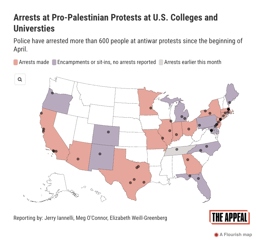 You can toggle over any dot on our map to find the campus name, number of arrests, prosecuting agency, prosecutor's response, and prosecutor's election year. Prosecutors hold enormous power: they can brand these protesters with a criminal record for life—or let them go.