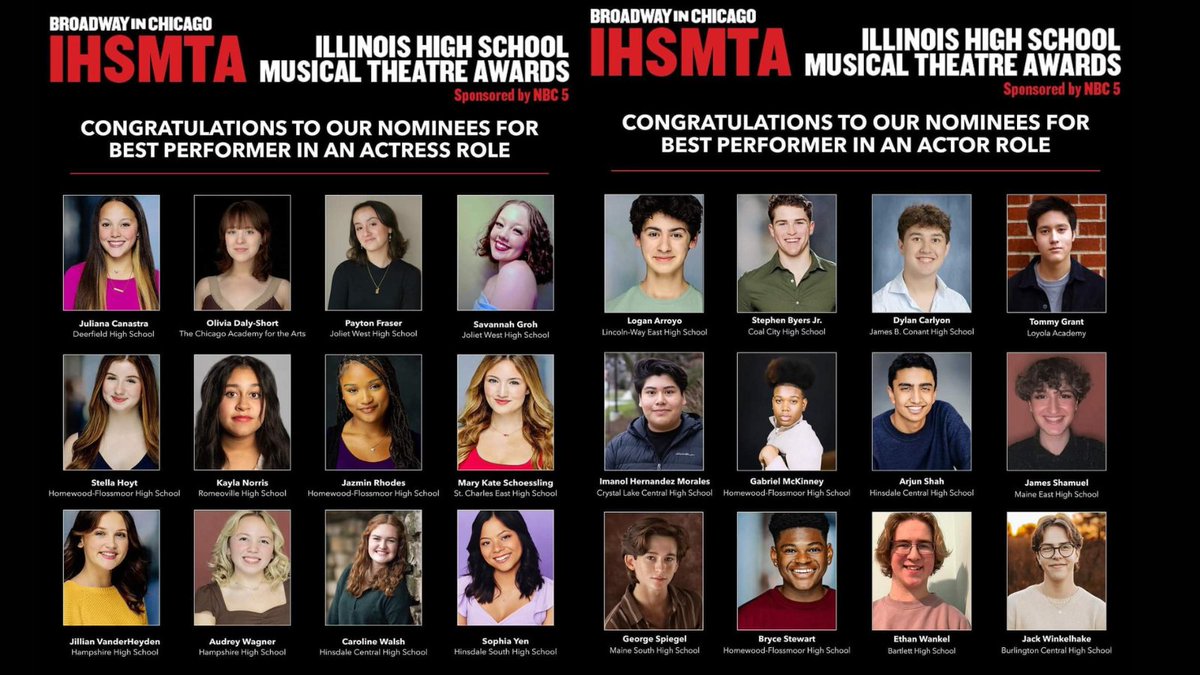 Caroline Walsh and Arjun Shah, were nominated by Broadway in Chicago for the IHSMTA for their roles in Into the Woods. Arjun and Caroline were chosen within the top 12 actors and actresses from over 300 applications. This is a tremendous honor, and we're so proud of them!