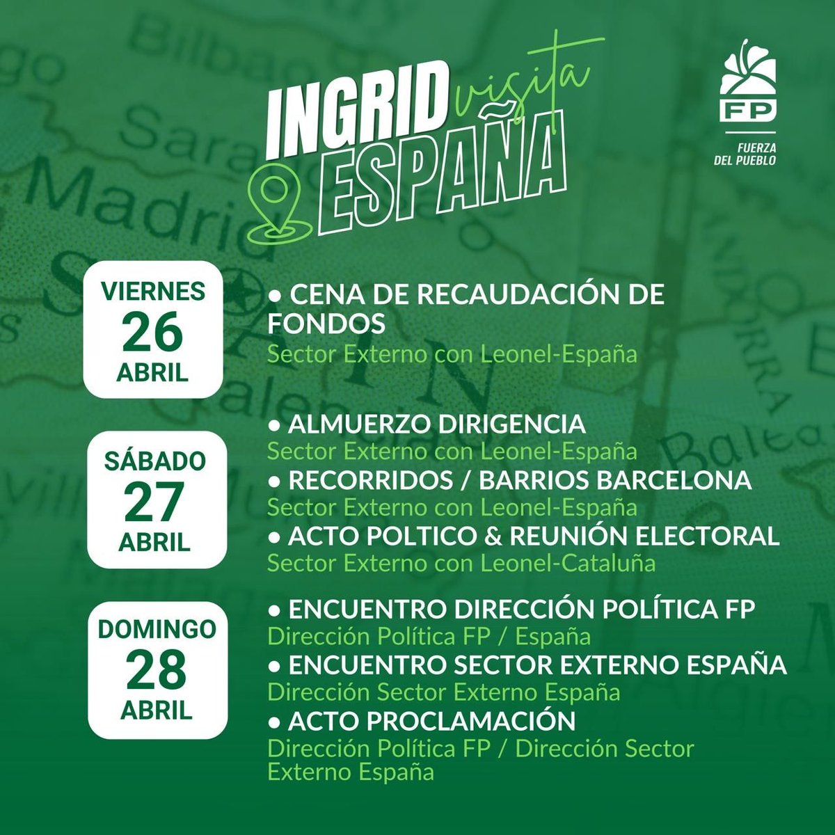 Agenda de nuestra candidata a la vicepresidencia, @ingridmendozap, en España. Con @LeonelFernandez e @ingridmendozap GANAREMOS.