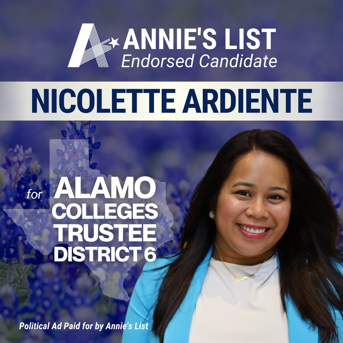 🚨 ENDORSEMENT ALERT: Annie’s List is proud to support Nicolette Ardiente's campaign for the Alamo Colleges Board of Trustees, District 6! Learn more about @niicredible's campaign here: nicoletteardiente.com #ElectTexasWomen