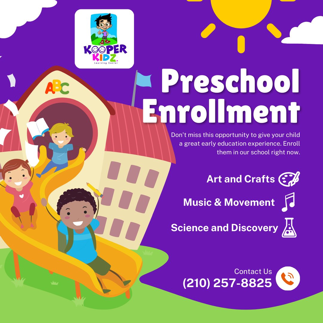 kooper_kidz's tweet photo. Preschool at Kooper Kidz: Where little learners embark on big adventures in a nurturing and stimulating environment.
.
.
.
#KooperKidz #KooperKidzFamily #preschool #learningcenter #SanAntonio https://t.co/I1ZXJha8Bf