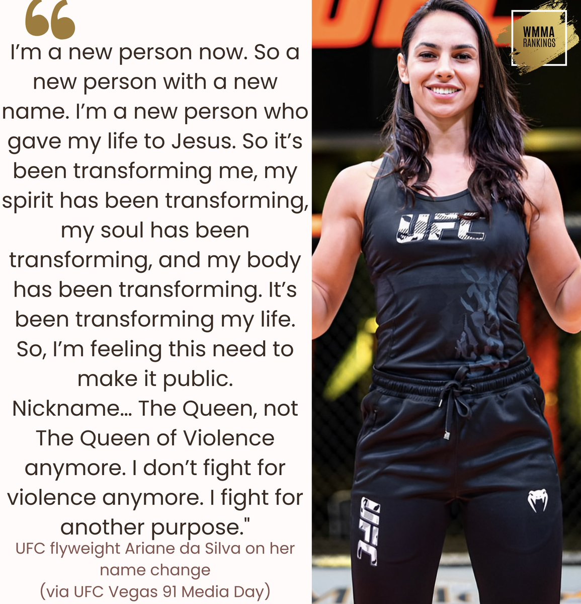No longer 'The Queen of Violence' or Ariane Lipski! 12 ranked flyweight 🇧🇷 Ariane da Silva explains her decision to go by a name change as well as changing her nickname to 'The Queen' ahead of her fight this Saturday at #UFCVegas91 against Karine Silva. #WMMA #UFC
