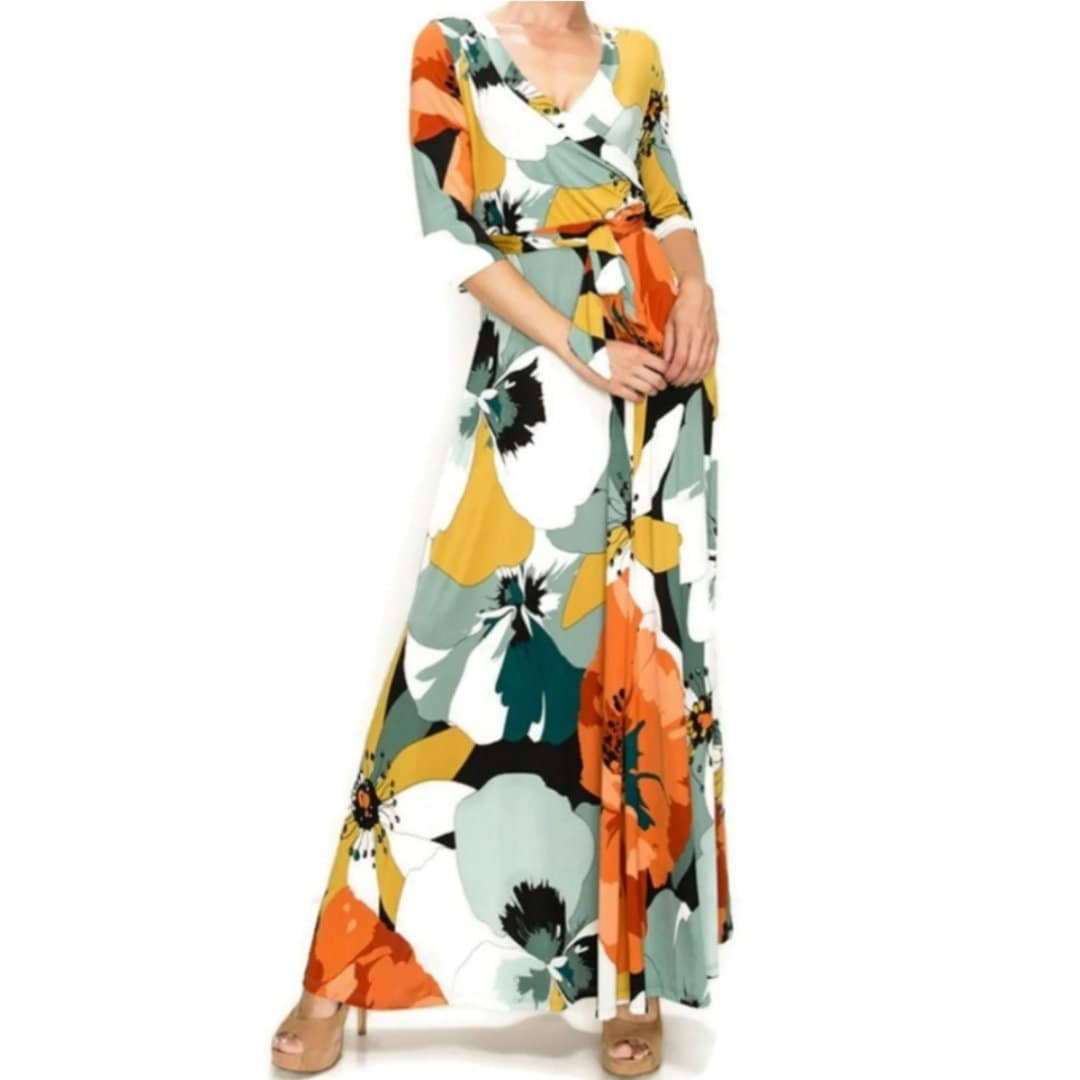 Sage Orange Florals Faux Wrap Maxi Dress tuppu.net/5273a870 #bridesmaid #maxidress #janettefashion #wedding #womenfashion #jumpsuits #plussizefashion #smallbusiness #FauxWrapDresses