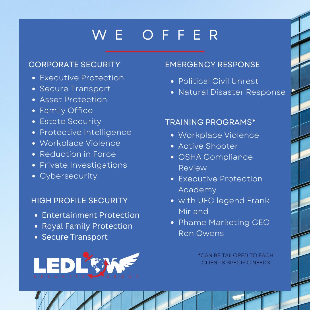 Please contact us today to set up a call!
admin@ledlowsecurity.com
(818) 515-5403
#security #highnetworth #executiveprotection