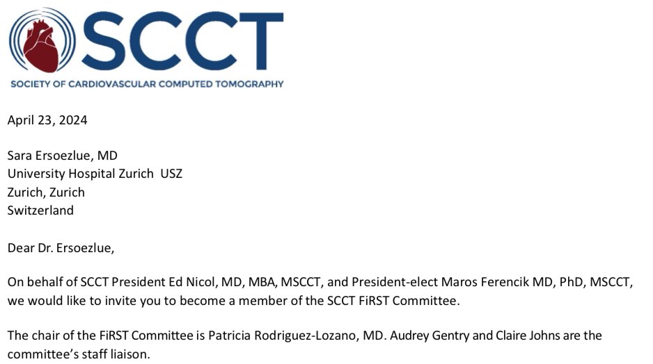 I‘m happy to share that I have been appointed to serve on the @SCCT Fellow and Resident Leaders of SCCT Committee @FiRSTSCCT for the next 3 years starting July 21st. It’s a great honor to be part of this innovative community. Thank you @CardiacCTGuy @PRodriguezMD @CardioZurich