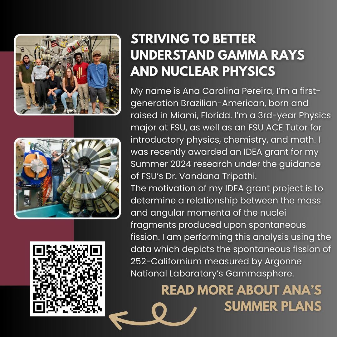 FSU_CRE's tweet image. We would like to highlight 2024 IDEA Grant recipient, Ana Carolina Pereira! Ana is a first-generation Brazilian-American, born and raised in Miami, Florida. They are a 3rd-year Physics major!

Read more about Ana&apos;s summer project: buff.ly/3JAvdpB 

#IDEAGrant