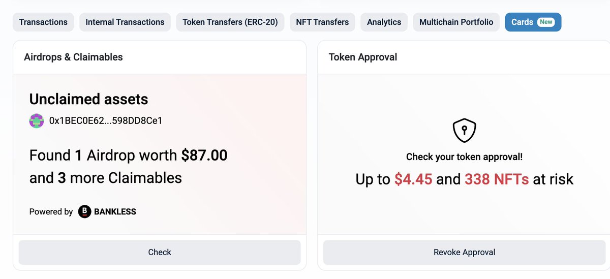 AshDodani's tweet photo. If you have been using ETH for a while, there's a new section on @etherscan that shows Cards and can tell you if you have any airdrops or claimable left that are there or expired. Even ENS renewals via @bankless!

Spread the word and let your friends find that wealth. :) https://t.co/lYnEbNaCtT