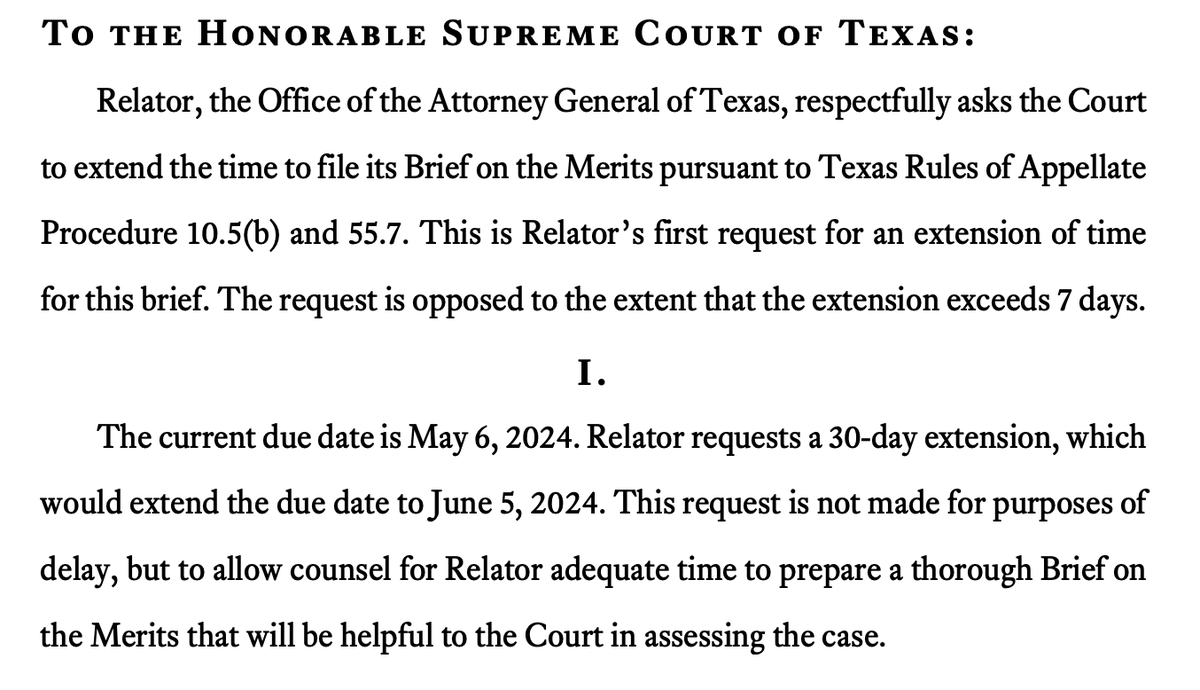 NEW: Texas AG Ken Paxton, who is still being sued by the whistleblowers who reported his alleged corruption to the FBI, asks for more time to submit briefs on the case. 

Whistleblowers have repeatedly said that Paxton is attempting to avoid being deposed. #txlege